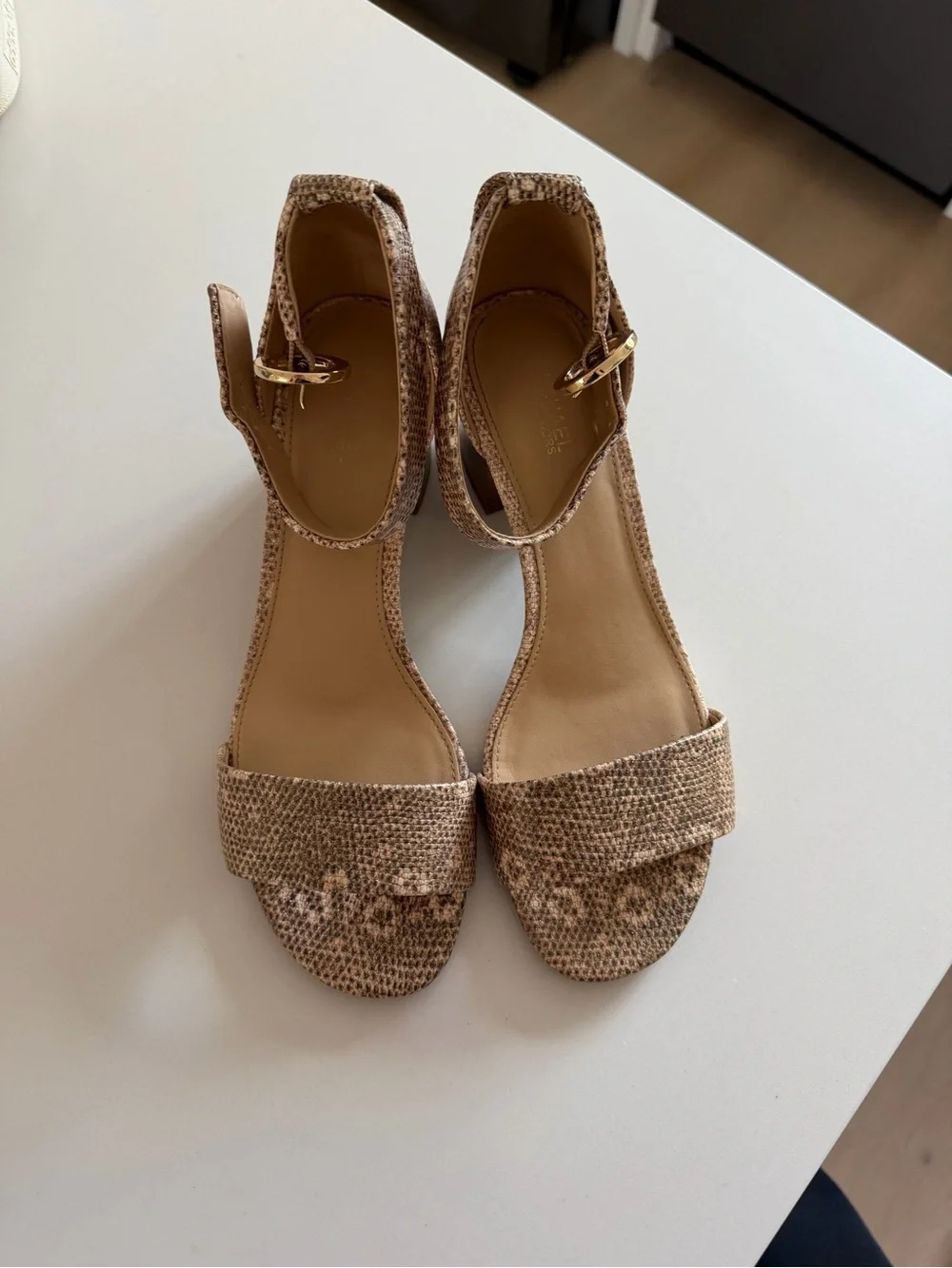 Michael Kors Beige Snake-Print Ankle Strap Sandals
